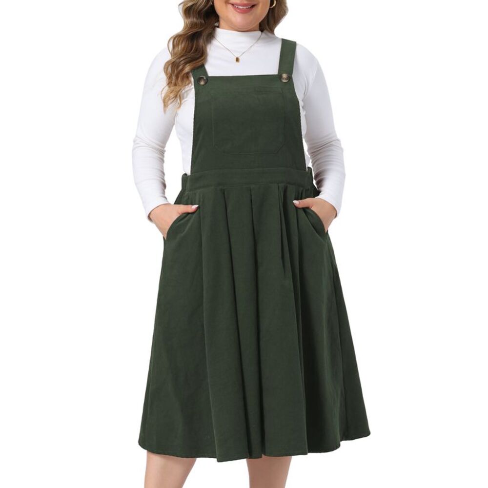 Women's Plus Size Corduroy Adjustable Strap Overall Dress Green